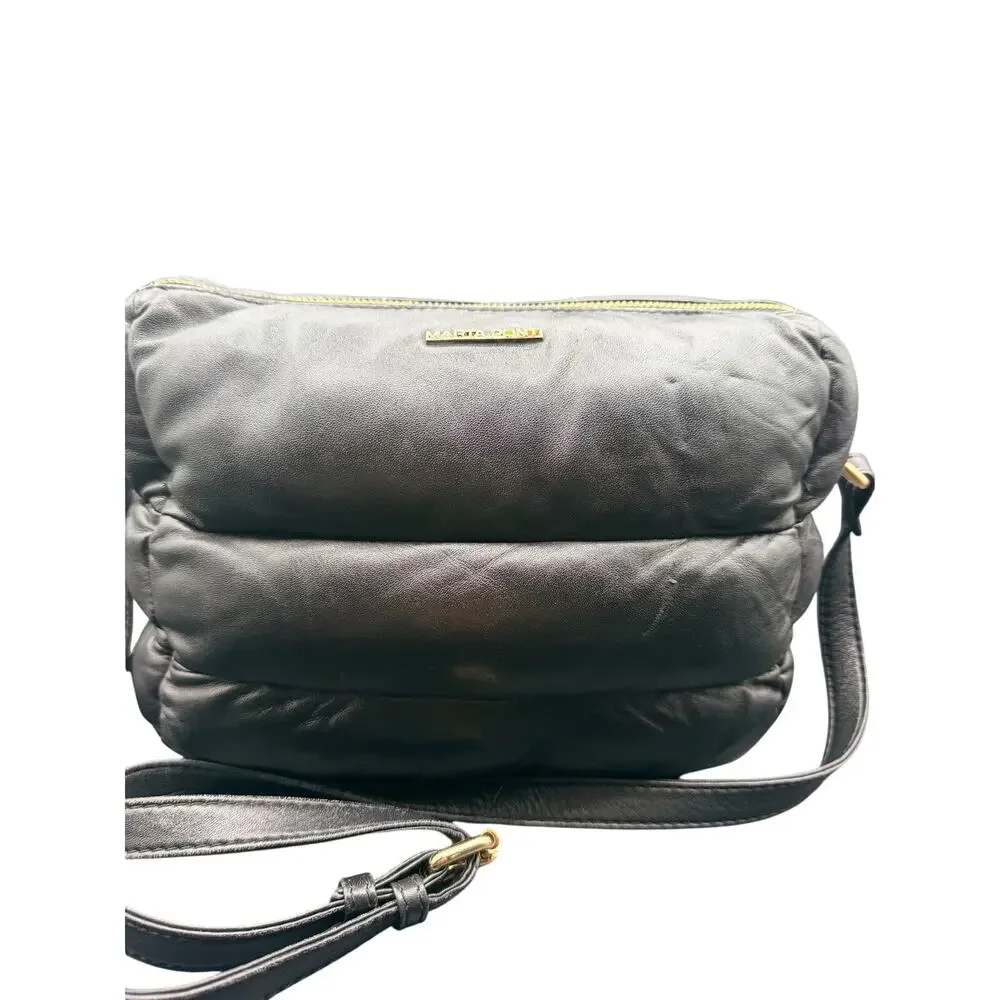 Marta Ponti Black Puffer Leather Crossbody Bag Quilted Soft Gold Zip